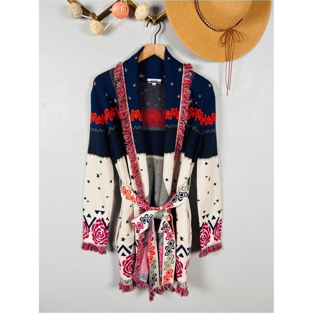 Revolve 525 America Jacquard Belted Wrap Cotton Cardigan Multi Color Size Small